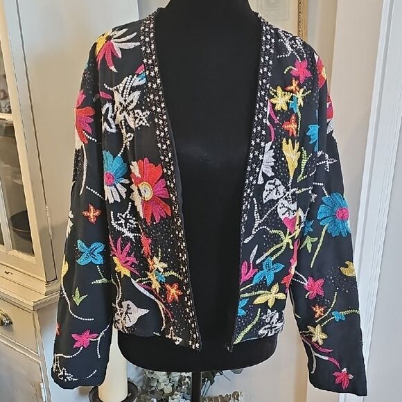 CHICO'S Vtg Embroidered & Embellished Open Blazer Sz M Boho Maximalist Festival - Picture 1 of 5